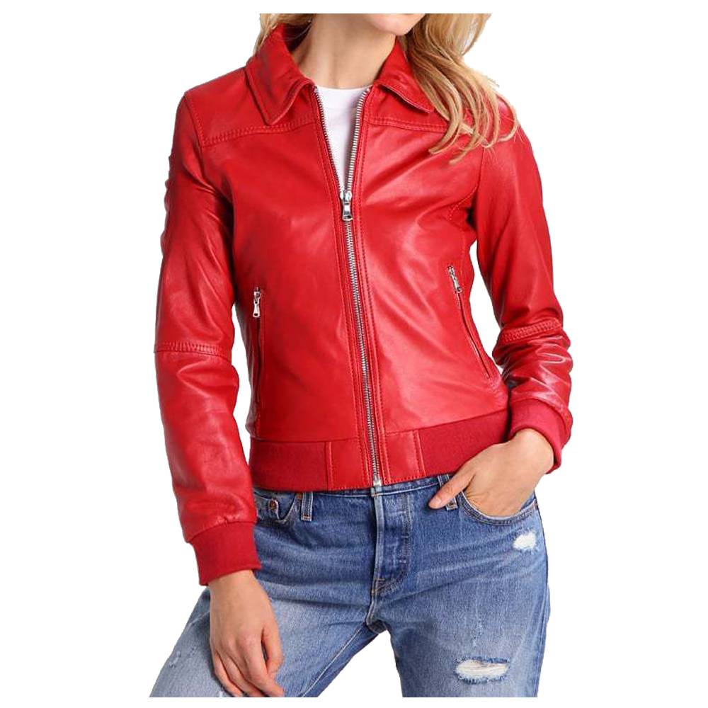 VESTE DE MOTO BOMBER ROUGE POUR FEMME EN CUIR D'AGNEAU COUPE SLIM