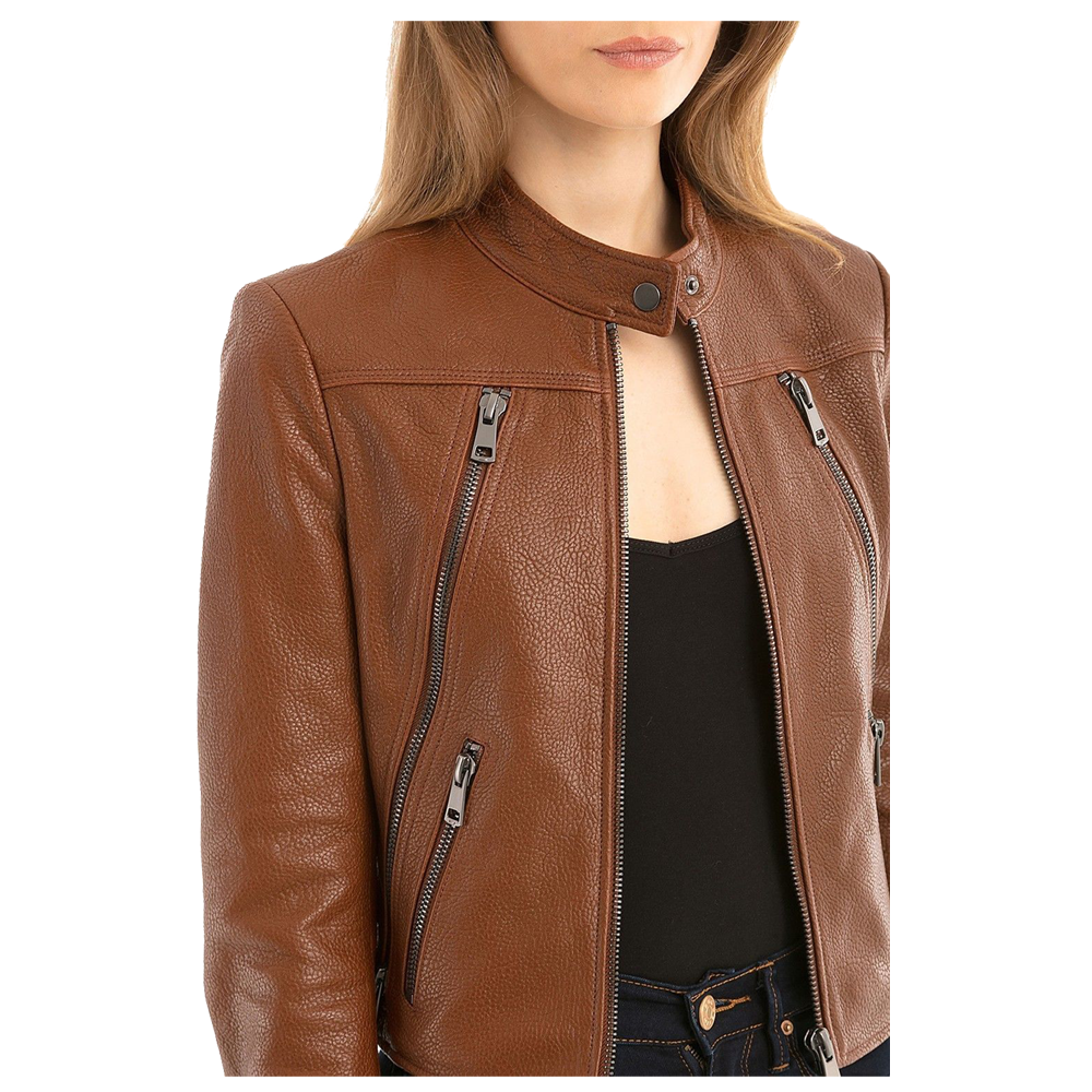 Veste de motard en cuir marron coupe slim pour femme