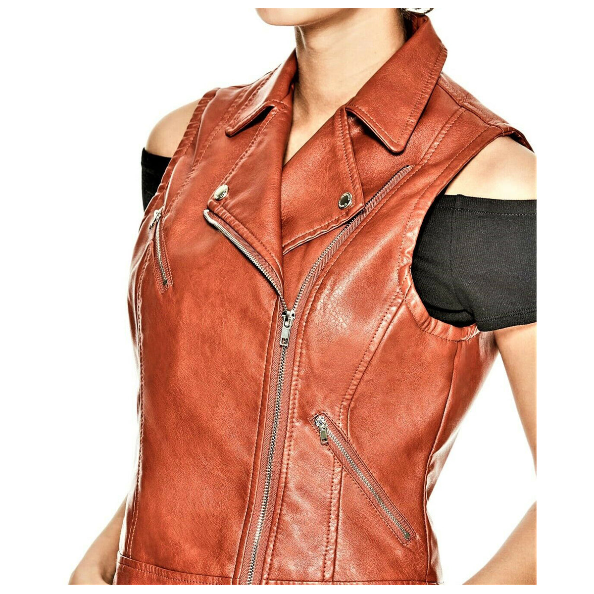 Gilet de moto en cuir véritable pour femme marron rouille