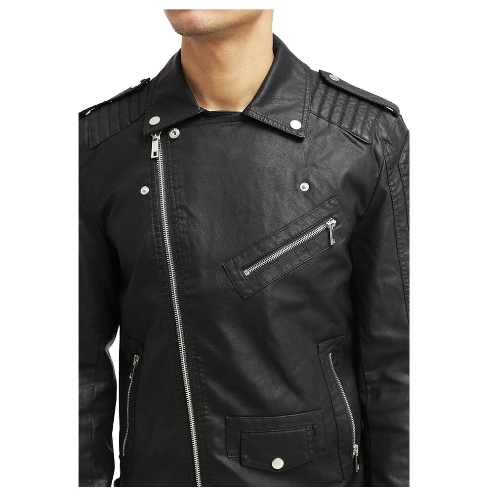 Veste de moto en cuir noir pour homme