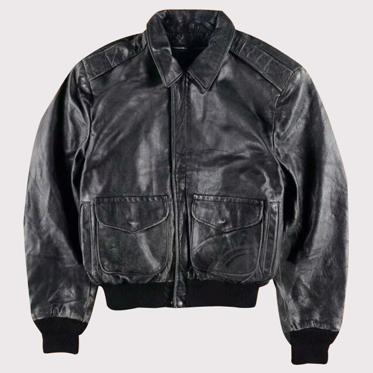 80s A2 Flight Vintage Military Leather Jacket for Men - Distressed Black Pilot Bomber Style