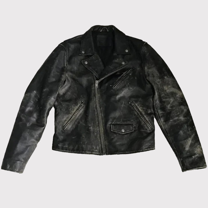 Schwarze Biker-Lederjacke im Used-Look der 90er