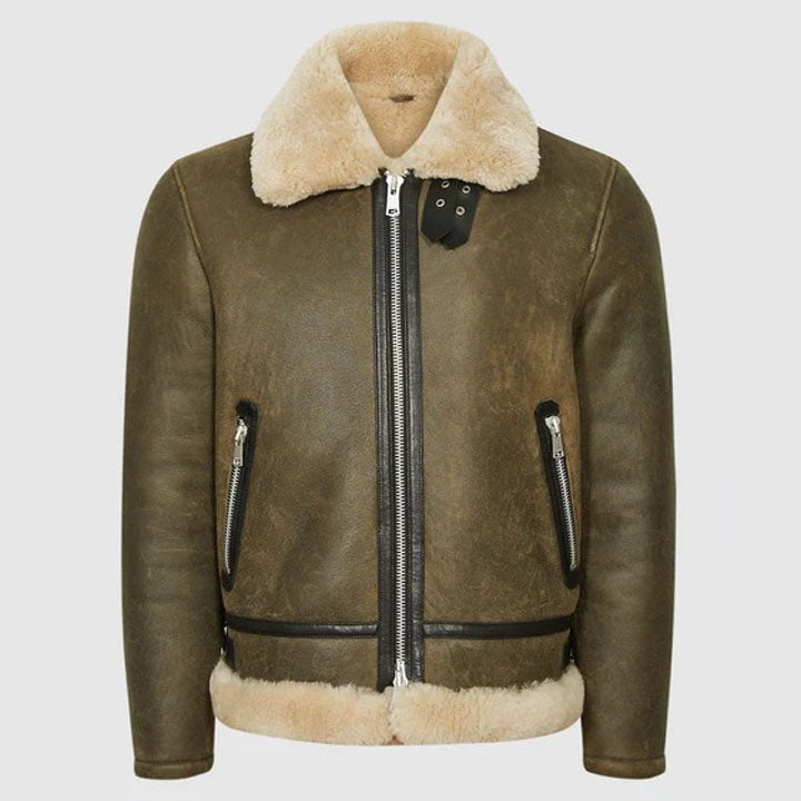 Veste aviateur en peau de mouton retournée vert armée pour homme - Style classique