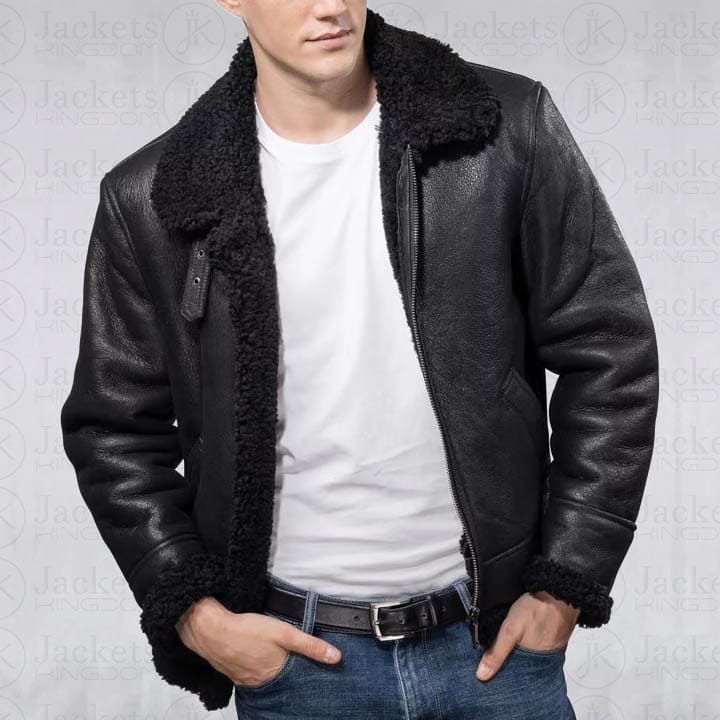 Veste en cuir et peau de mouton pour homme Aviator B3 en noir