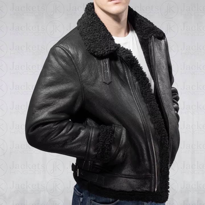 Veste en cuir et peau de mouton pour homme Aviator B3 en noir