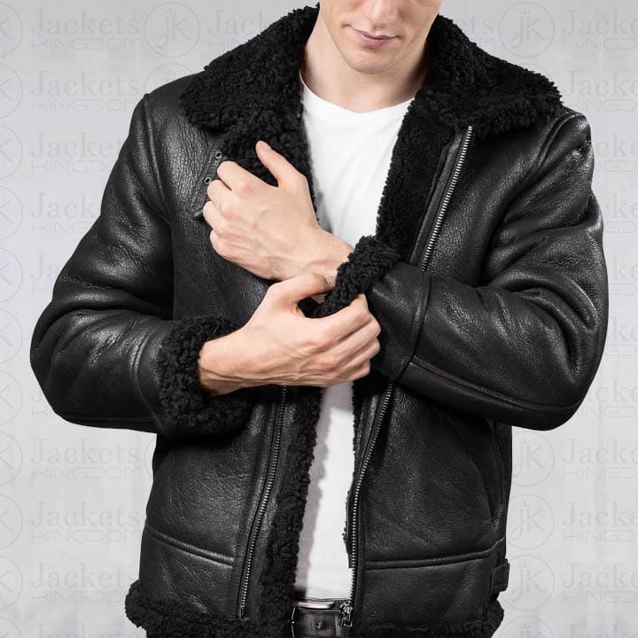 Veste en cuir et peau de mouton pour homme Aviator B3 en noir