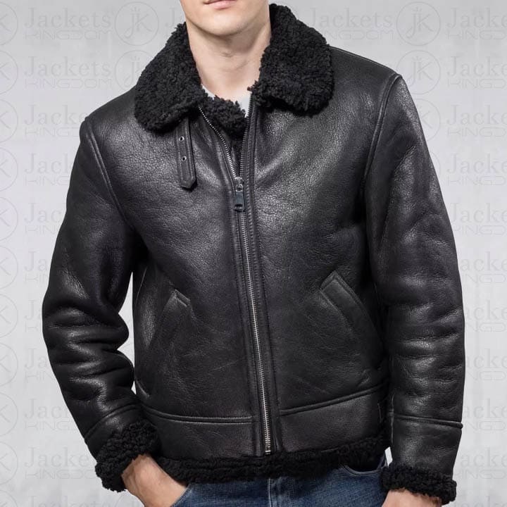 Veste en cuir et peau de mouton pour homme Aviator B3 en noir