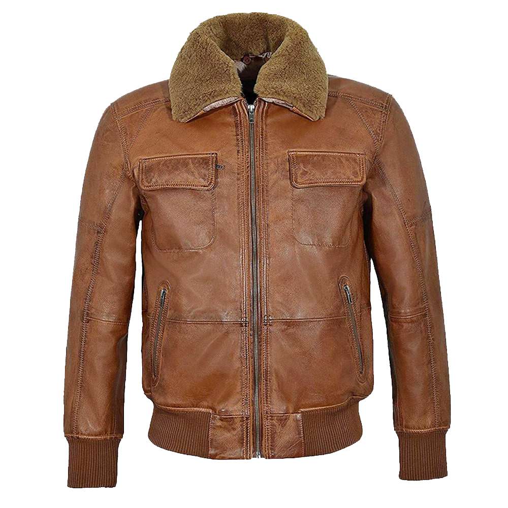 Veste en cuir aviateur en peau de mouton marron vintage pour homme 