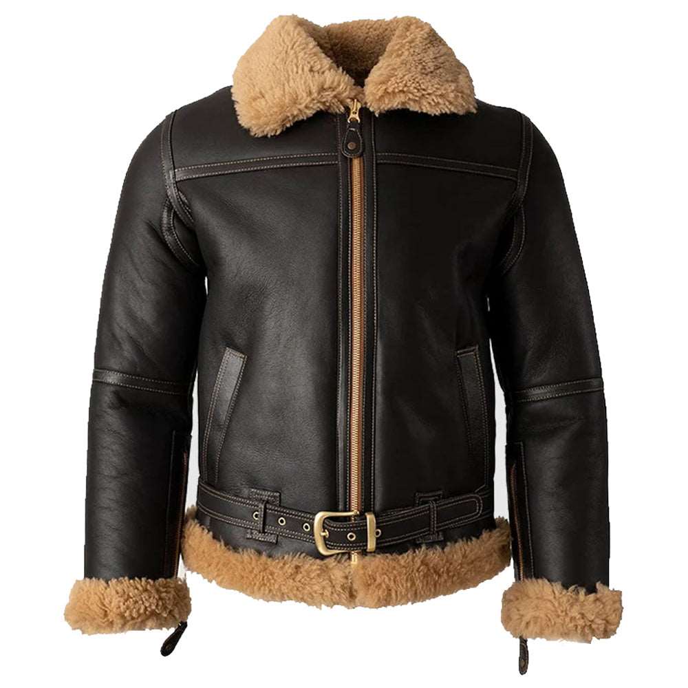 Blouson aviateur en cuir noir et peau de mouton retournée B3