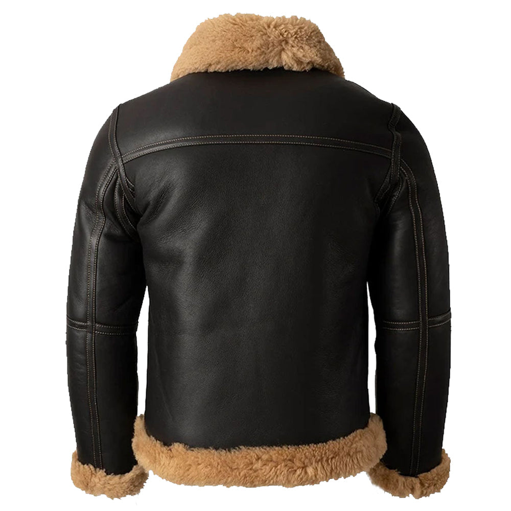 Blouson aviateur en cuir noir et peau de mouton retournée B3