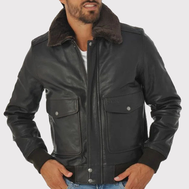 Veste aviateur en cuir de vachette noir pour homme