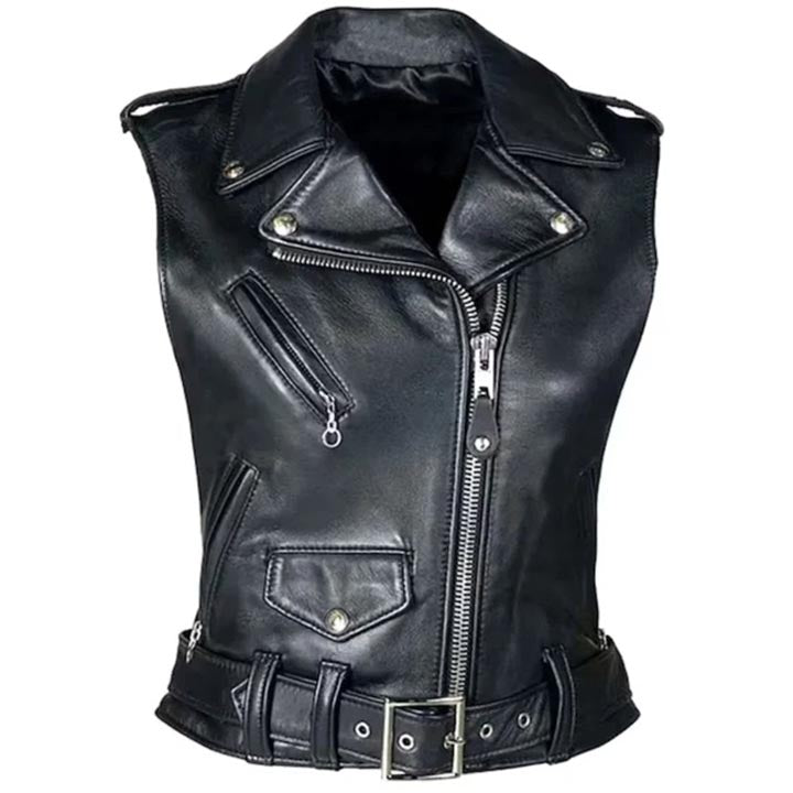 Gilet de motard en cuir noir pour femme