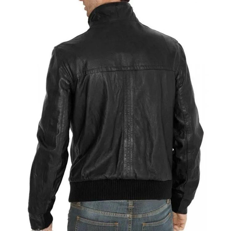 Veste aviateur en cuir noir pour homme, coupe simple et ajustée