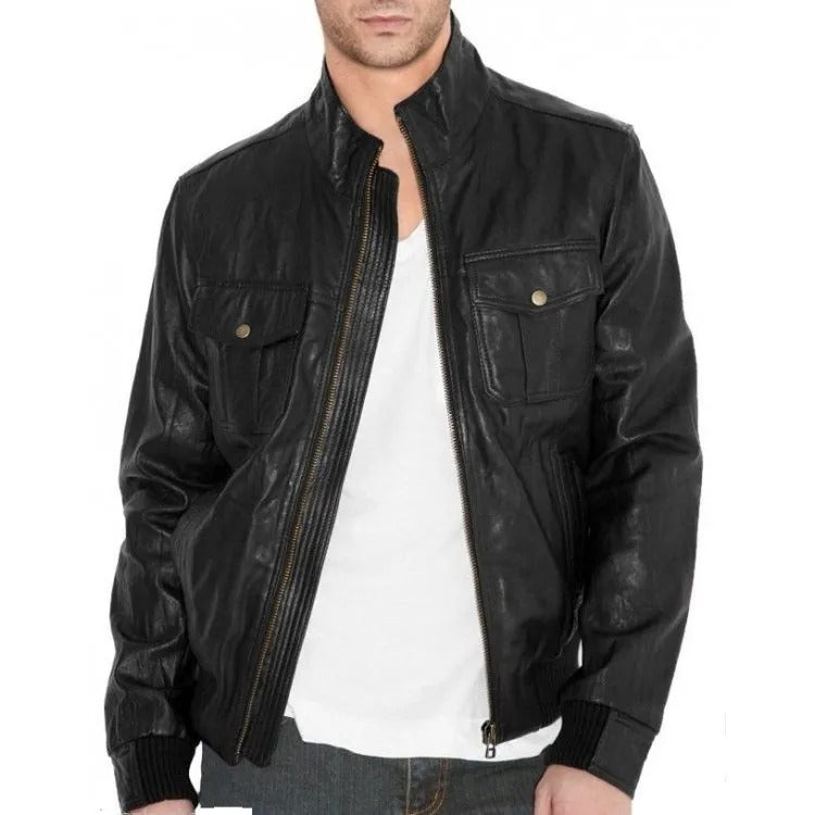 Veste aviateur en cuir noir pour homme, coupe simple et ajustée