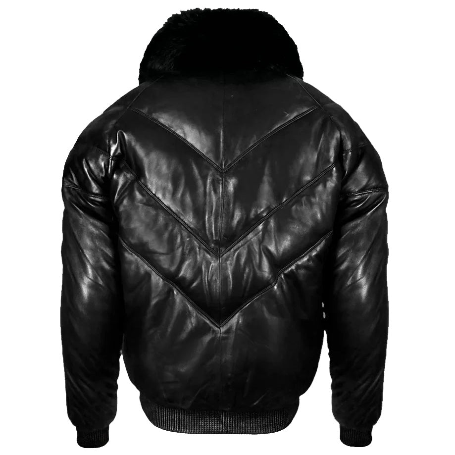 Blouson aviateur en cuir noir avec fourrure - Doudoune en cuir