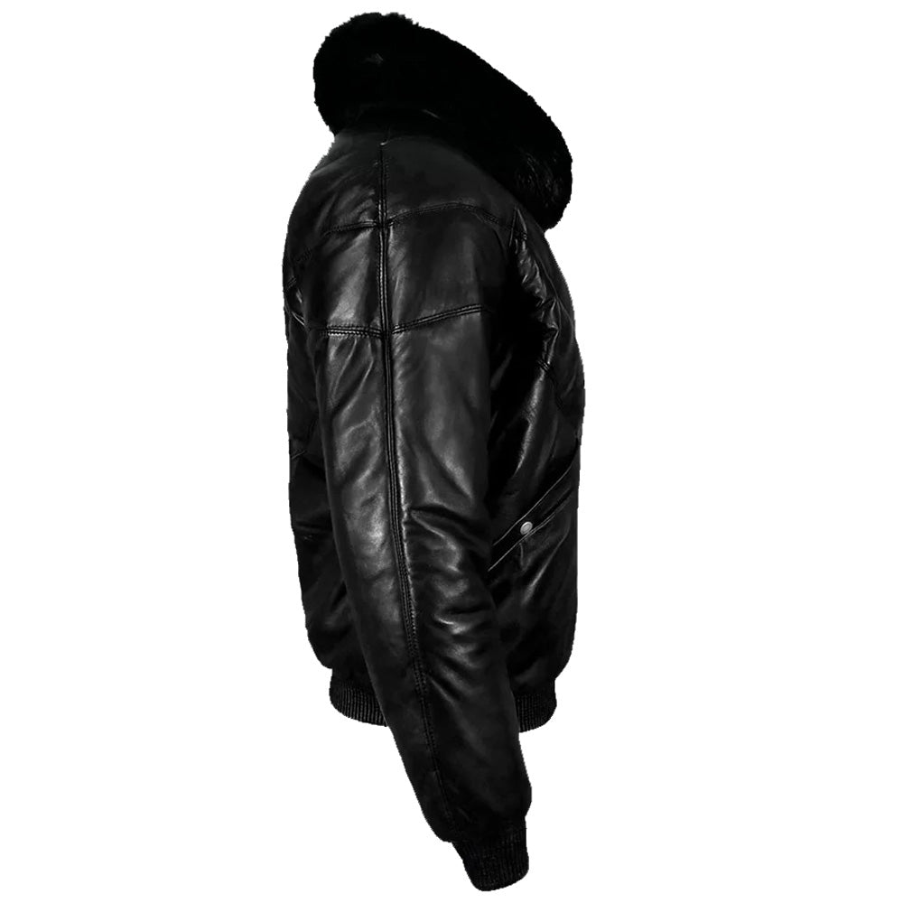 Blouson aviateur en cuir noir avec fourrure - Doudoune en cuir