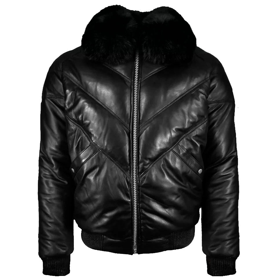 Blouson aviateur en cuir noir avec fourrure - Doudoune en cuir