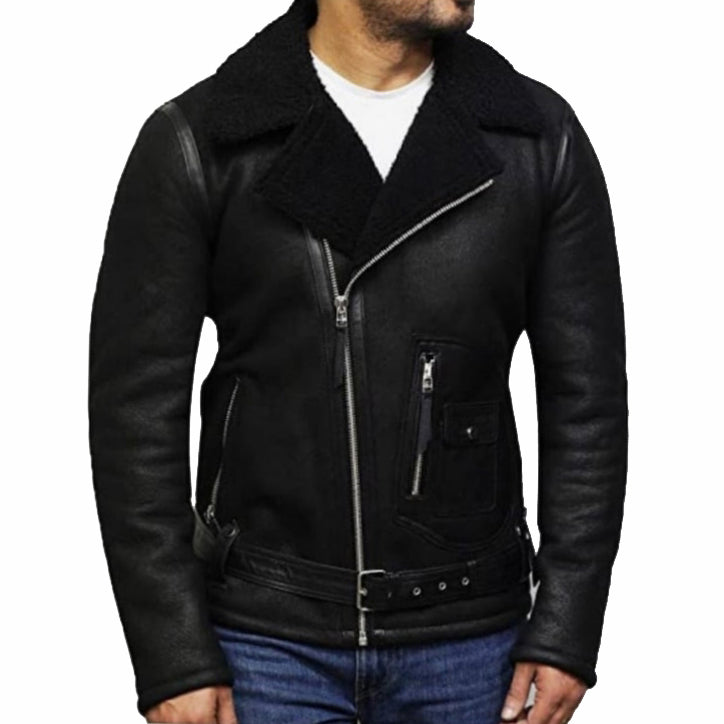 Veste aviateur en peau de mouton noire pour homme