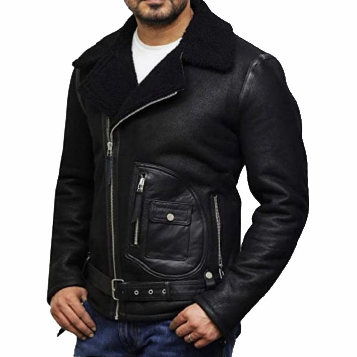 Veste aviateur en peau de mouton noire pour homme