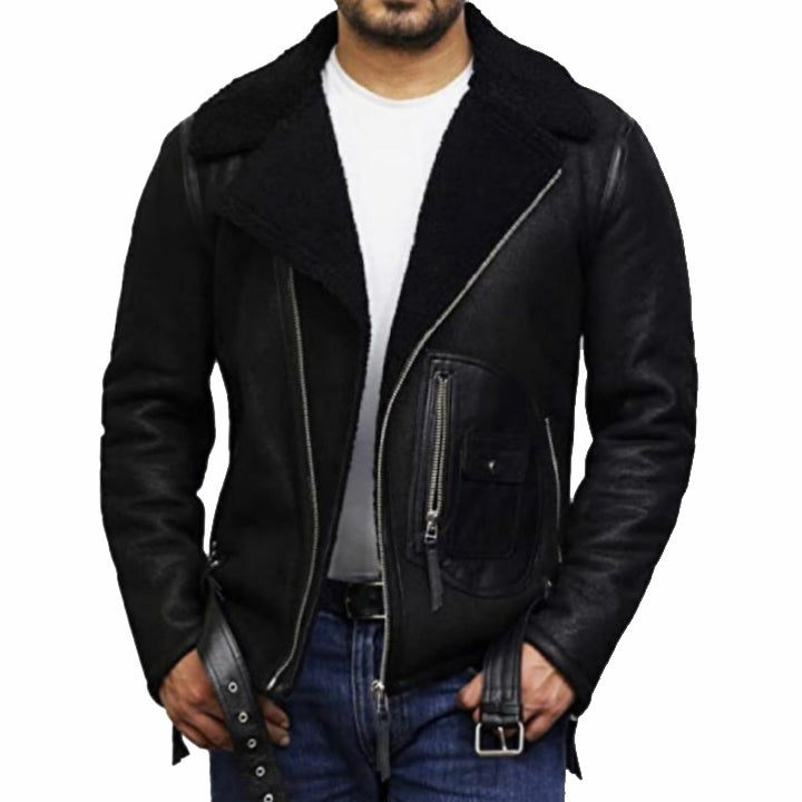 Veste aviateur en peau de mouton noire pour homme