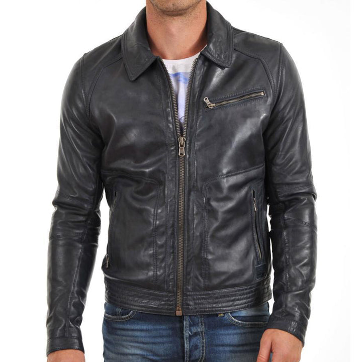 Veste en cuir slim fit noire pour homme