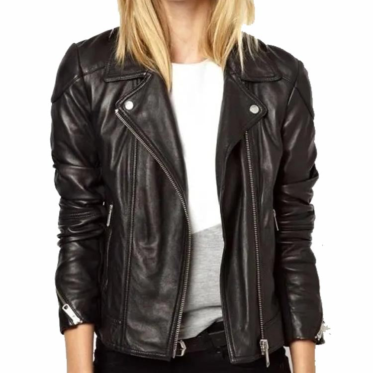 Veste motard en cuir noir pour femme