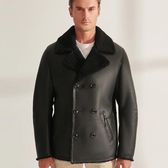 Manteau long en peau de mouton noir volant Veste en cuir aviateur