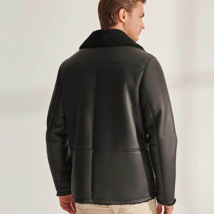 Manteau long en peau de mouton noir volant Veste en cuir aviateur