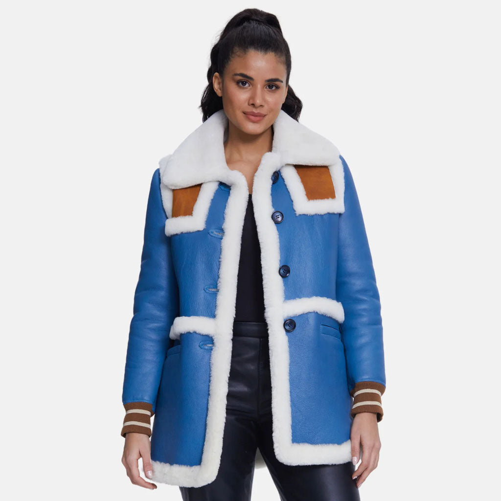 Veste en peau de mouton bleue avec fourrure blanche pour femme