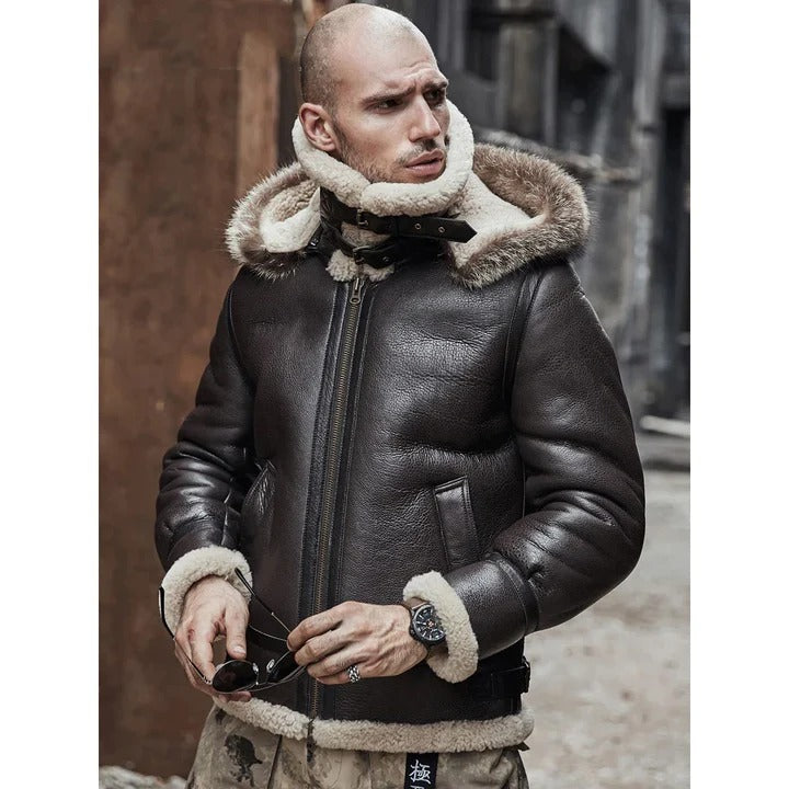 Veste en cuir de mouton retourné marron à capuche B3 RAF Aviator pour homme