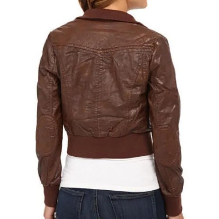 Blouson aviateur en cuir marron pour femme