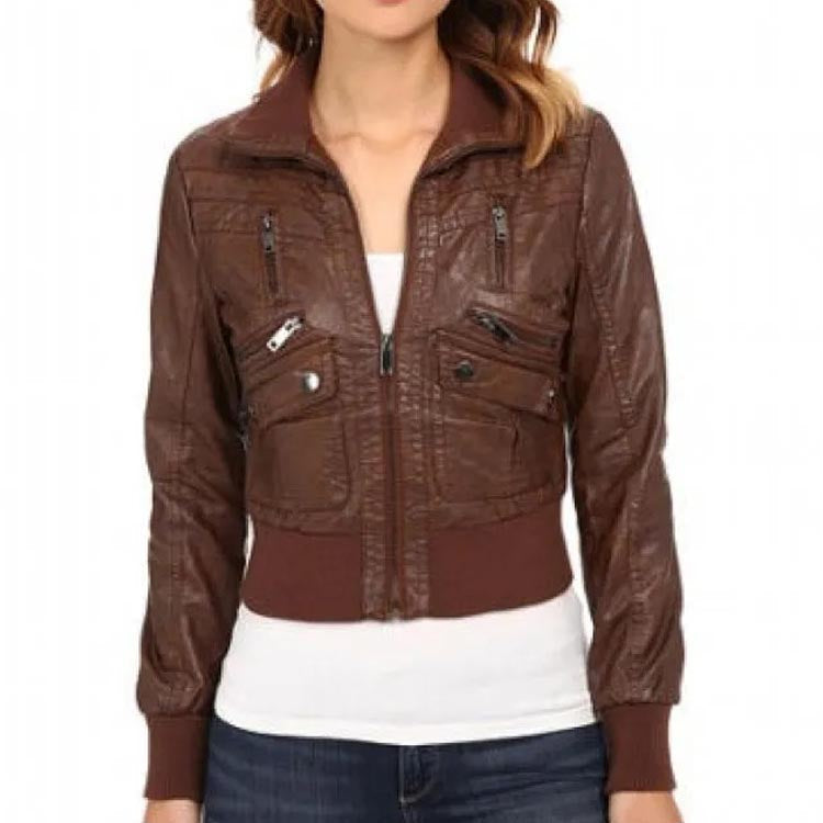 Blouson aviateur en cuir marron pour femme