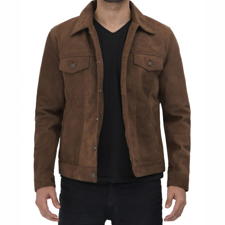 Veste de camionneur en cuir marron pour homme