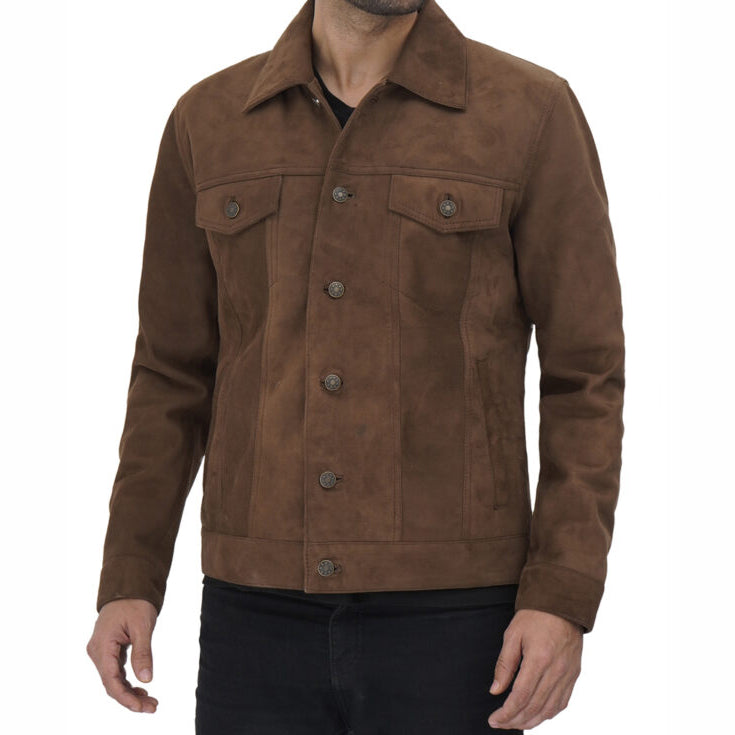 Veste de camionneur en cuir marron pour homme