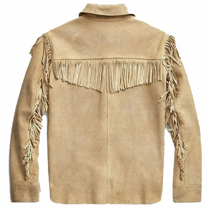 Veste en cuir suédé marron western pour homme avec franges