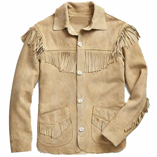 Veste en cuir suédé marron western pour homme avec franges