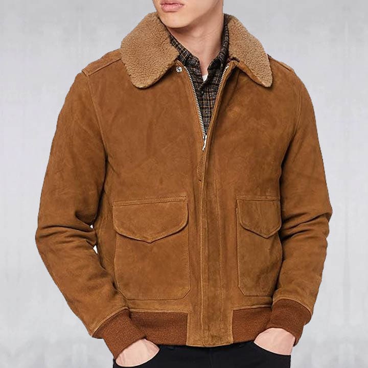 Veste pilote en cuir suédé marron