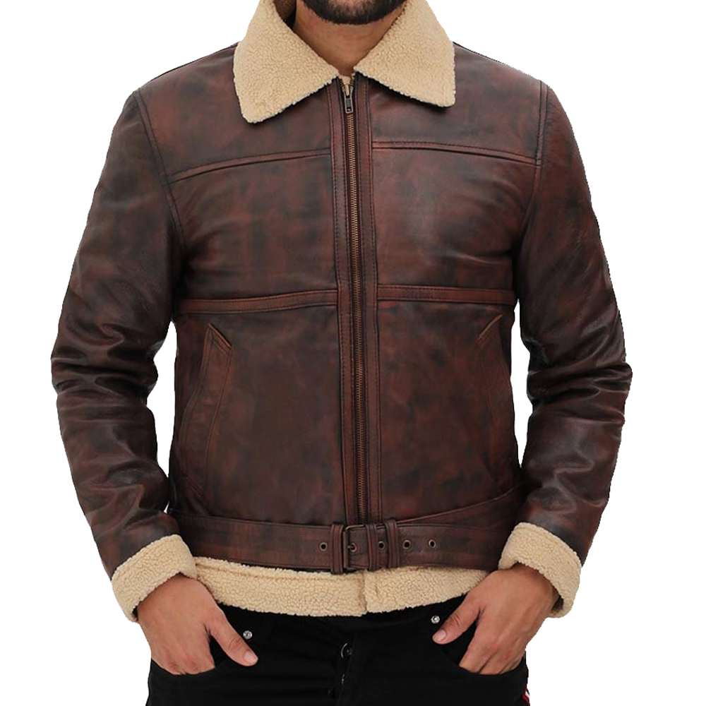 Brown Vintage Distressed Shearling Bomber Leather Jacket