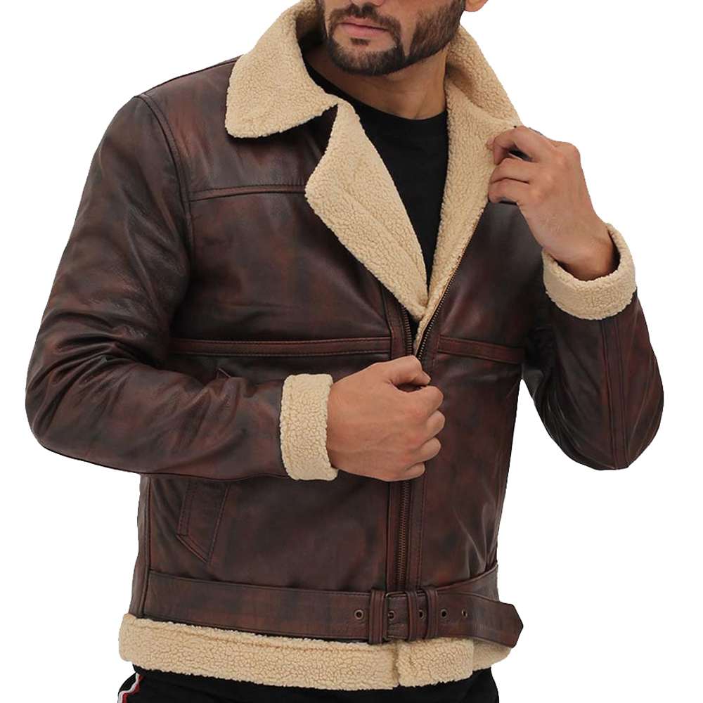 Brown Vintage Distressed Shearling Bomber Leather Jacket