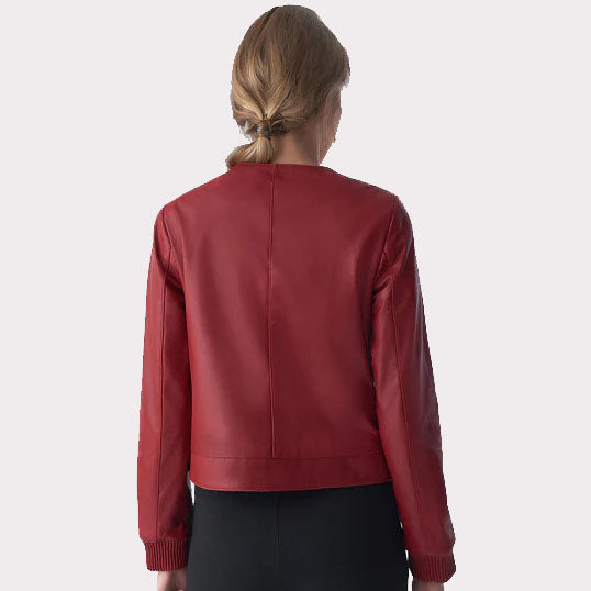 Veste en cuir bordeaux pour femme - Fermeture à clous chic