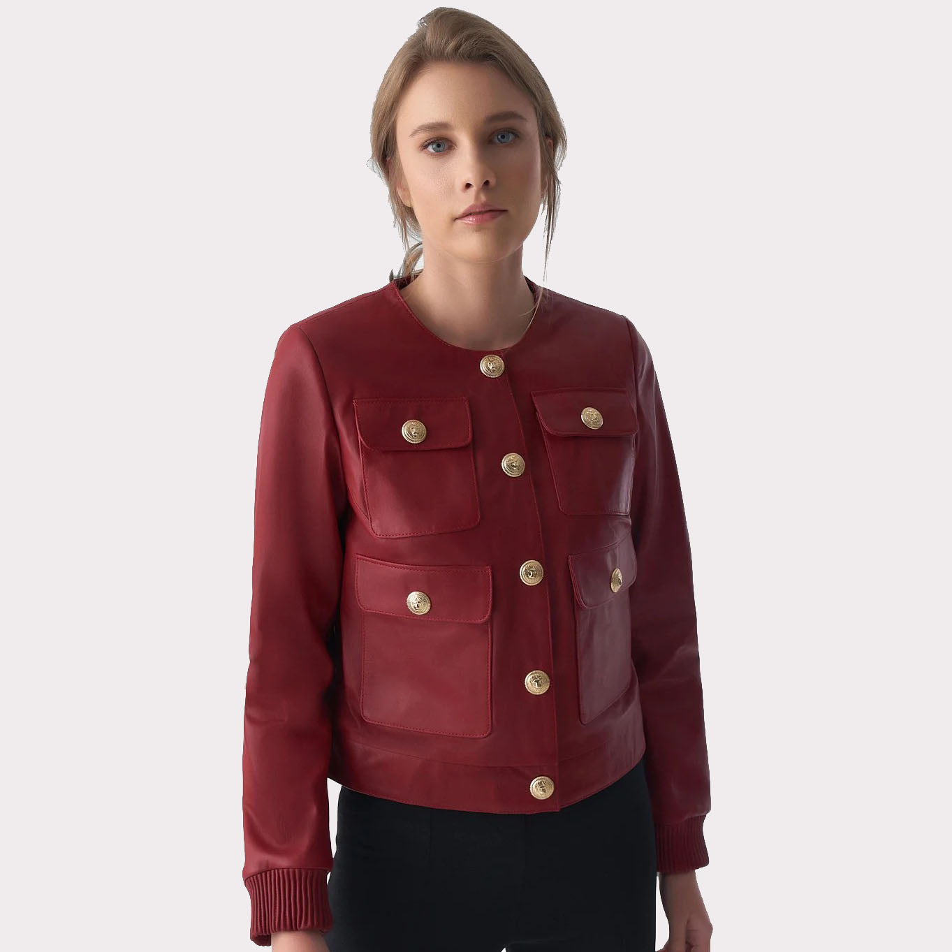 Veste en cuir bordeaux pour femme - Fermeture à clous chic