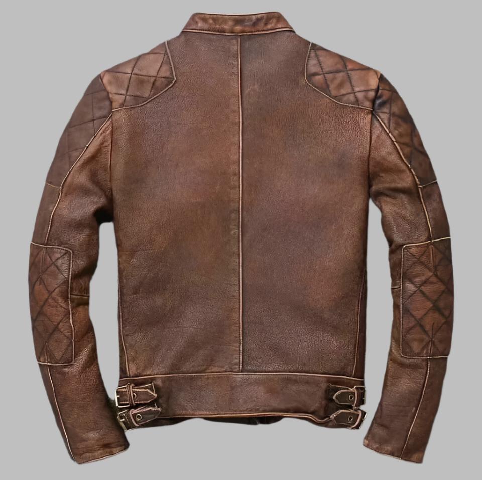 Veste de motard en cuir marron vieilli pour homme style Cafe Racer