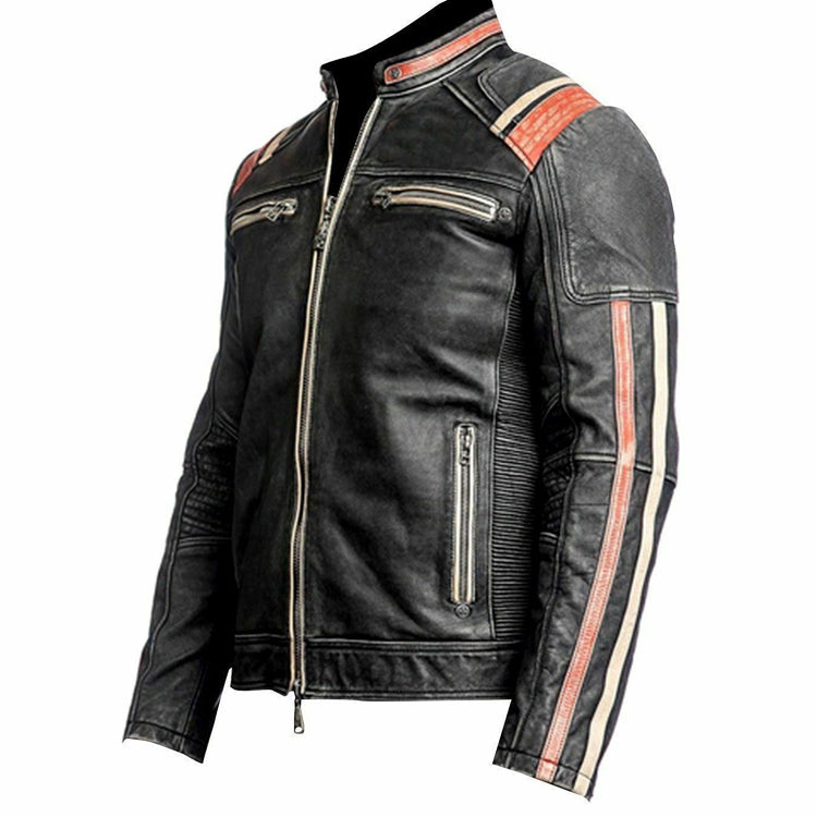 Veste en cuir de vachette de course Cafe Racer Retro Distress noir orange