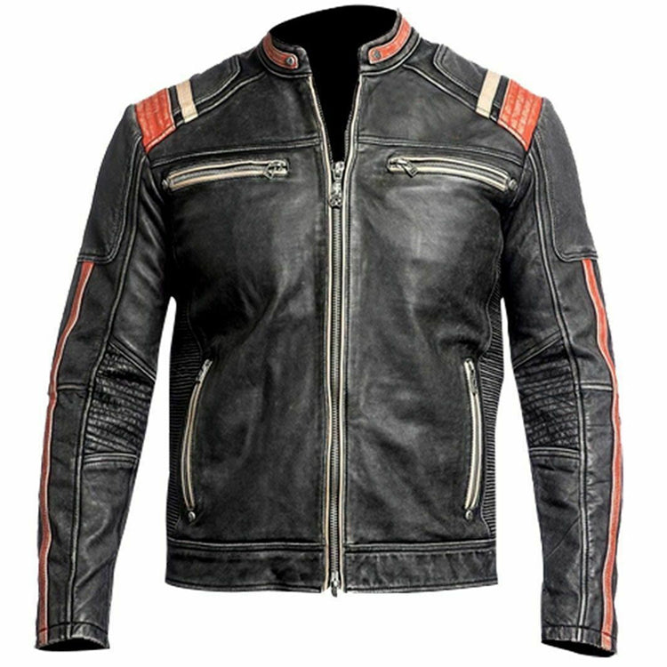 Veste en cuir de vachette de course Cafe Racer Retro Distress noir orange