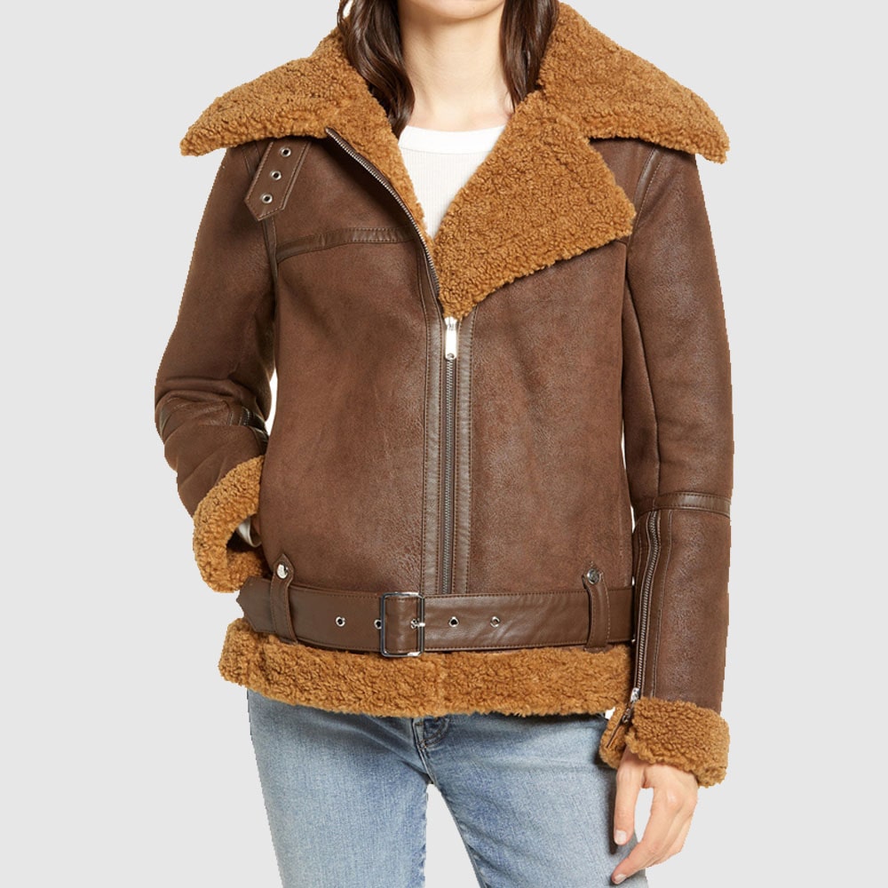 Blouson aviateur en cuir et peau de mouton marron B3 pour femme