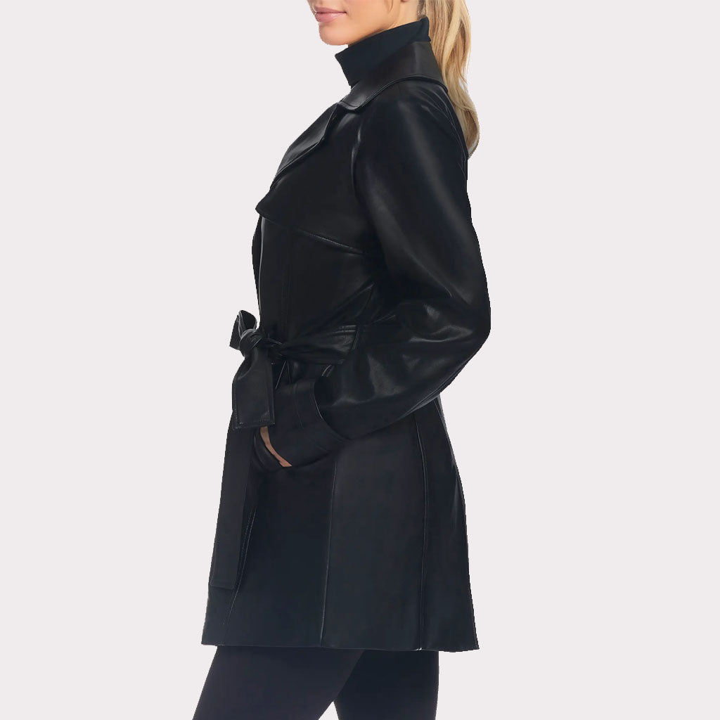 Trench-coat classique en cuir noir uni pour femme - Automne 2023