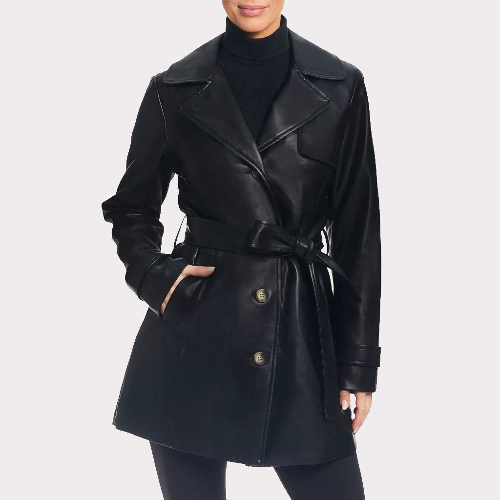 Trench-coat classique en cuir noir uni pour femme - Automne 2023