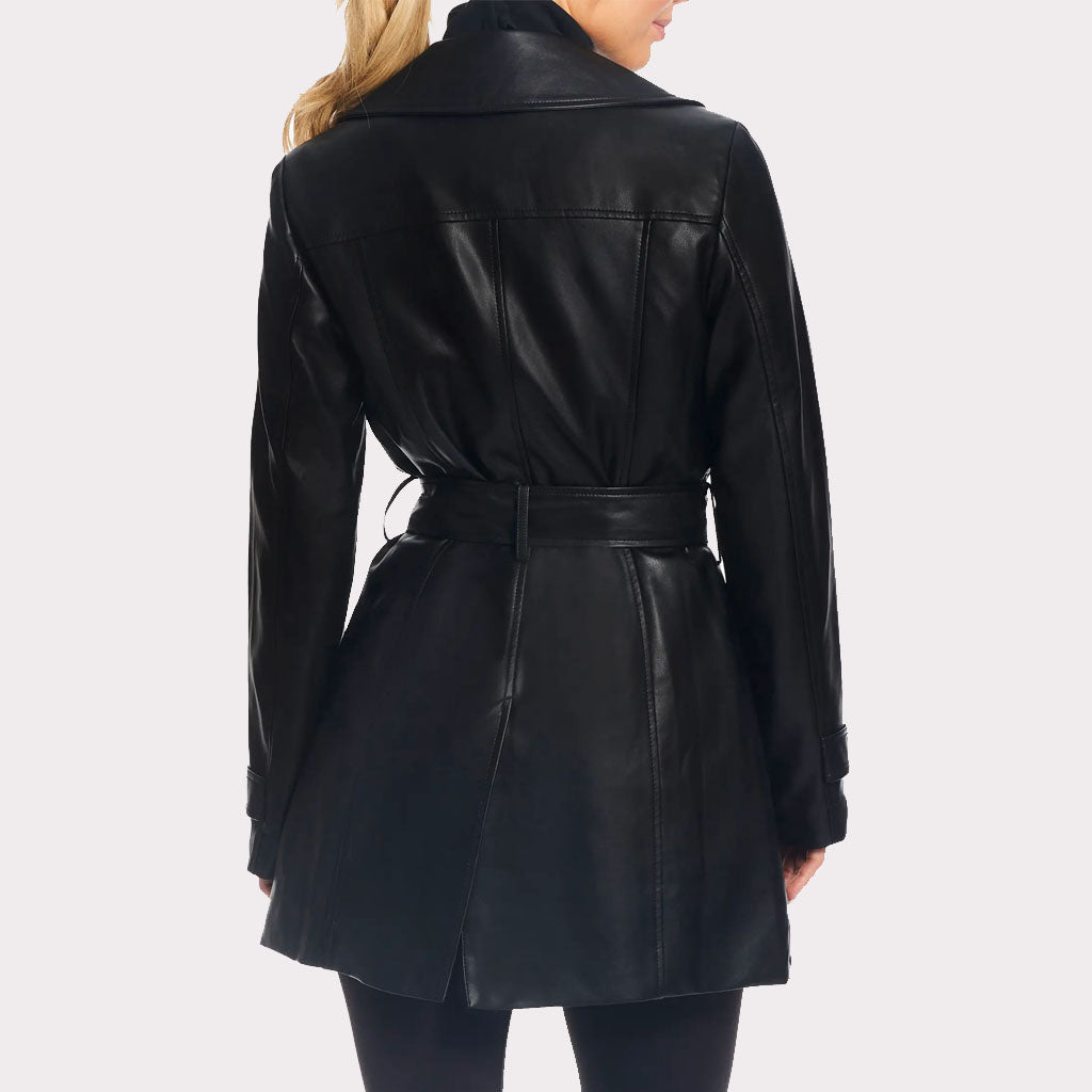 Trench-coat classique en cuir noir uni pour femme - Automne 2023