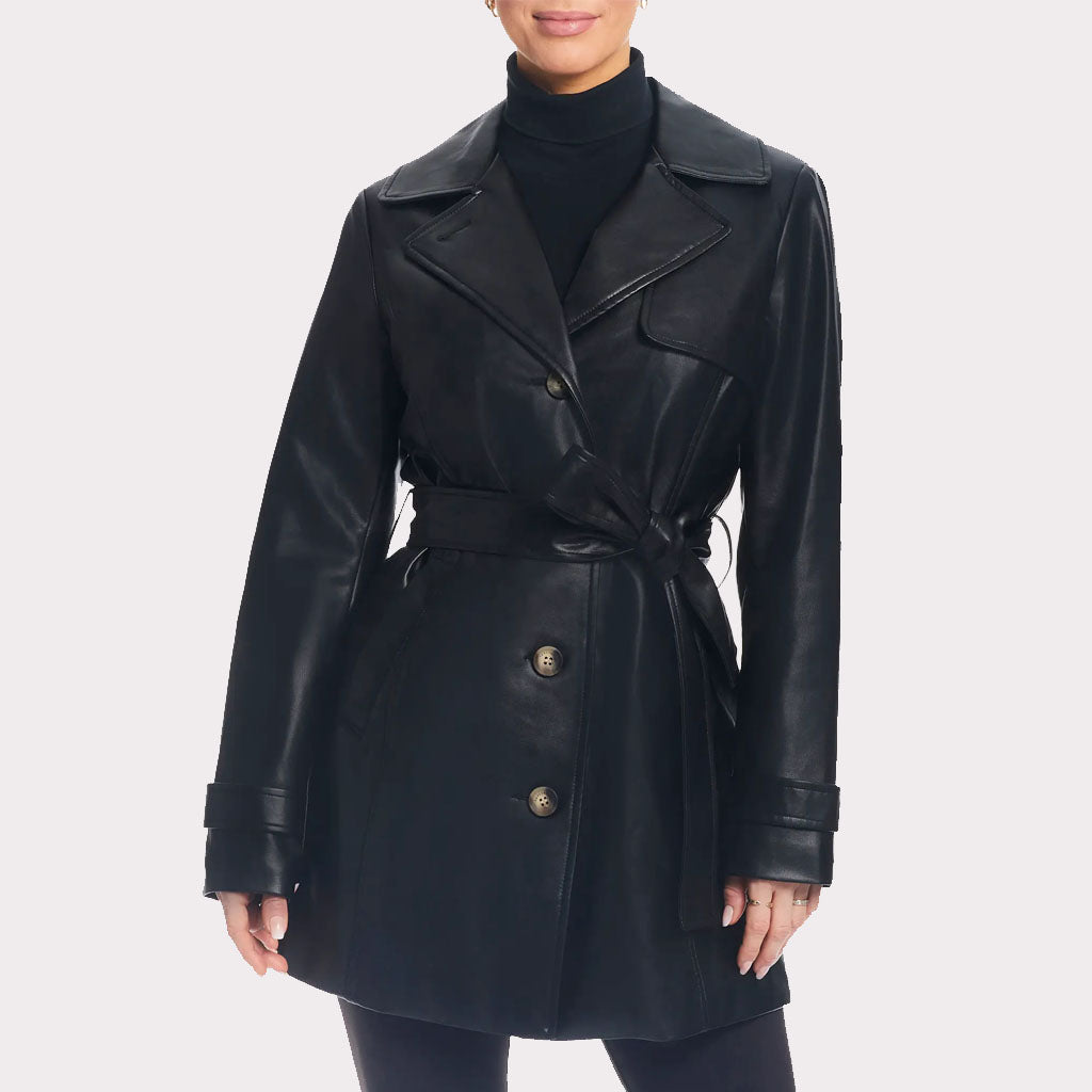 Trench-coat classique en cuir noir uni pour femme - Automne 2023