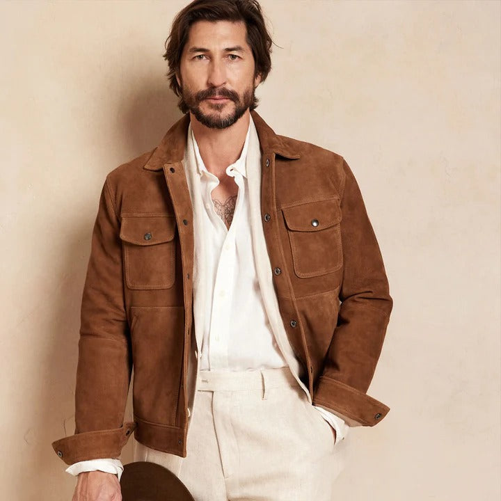 Veste en cuir suédé marron style cowboy western pour homme